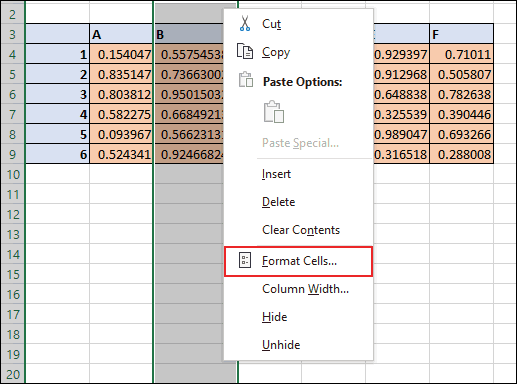 Cliquez avec le bouton droit de la souris sur vos cellules dans Excel, puis cliquez sur Formater les cellules