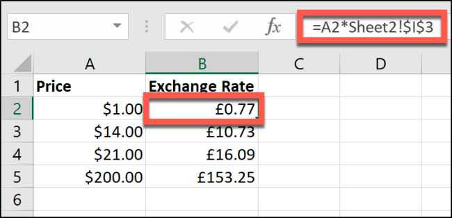 La formule "=A2*Feuille2!$I$3" et la cellule B2 surlignée dans une feuille de calcul Excel.