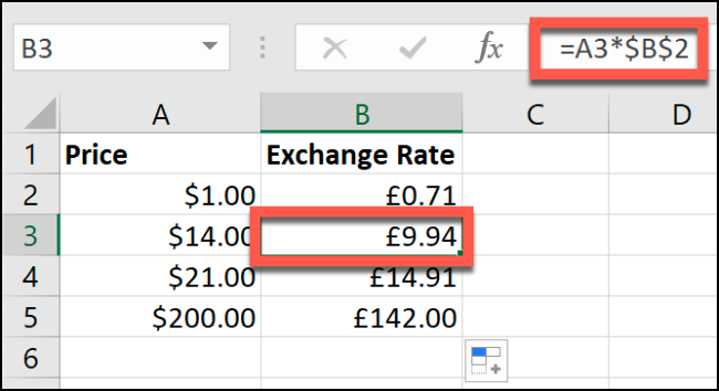Un exemple de conversion manuelle de devises dans une feuille de calcul Excel.