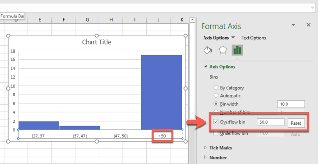 Un histogramme Excel avec un chiffre de la poubelle de débordement activé