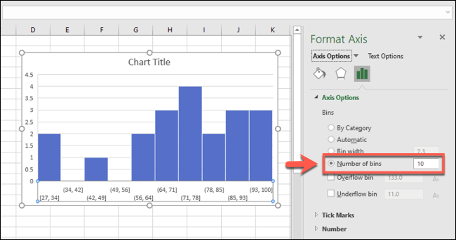 Un histogramme Excel, avec des groupes de bacs regroupés par nombre de bacs