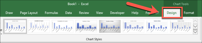 Les styles de graphiques Excel sont également visibles en cliquant sur le bouton "Conception" sur la barre de ruban, avec des styles visibles sous l