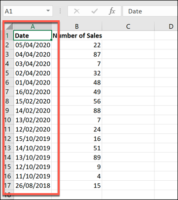 Un exemple d'ensemble de données Excel, avec des données triées par dates, de la plus récente à la plus ancienne