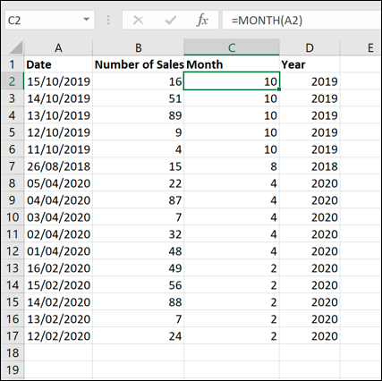 Un exemple d'ensemble de données Excel, triées par mois à l'aide d'une formule MOIS et de la fonction de tri