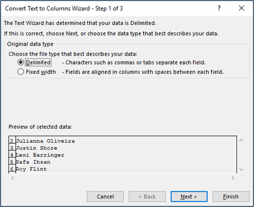 Step 1 of the Text to Columns Wizard