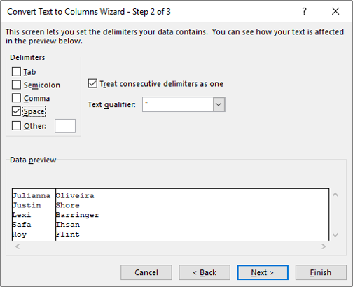 Step 2 of the Text to Columns Wizard