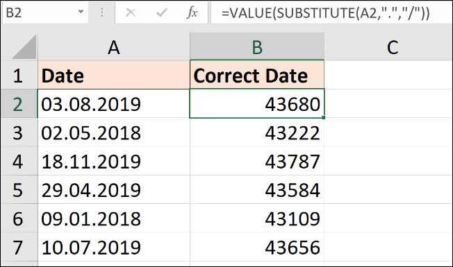 Formule SUBSTITUTE pour convertir le texte en dates
