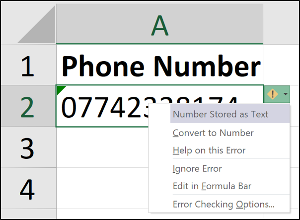 Numéro de téléphone enregistré sous forme de texte dans Excel