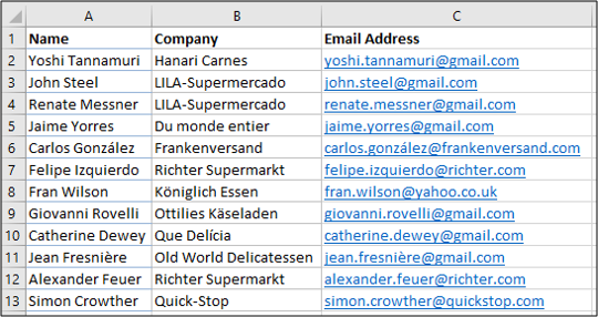Liste de contacts en Excel