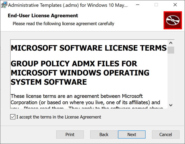 Les modèles admx pour Windows 10 Version 2004 acceptent le contrat de licence