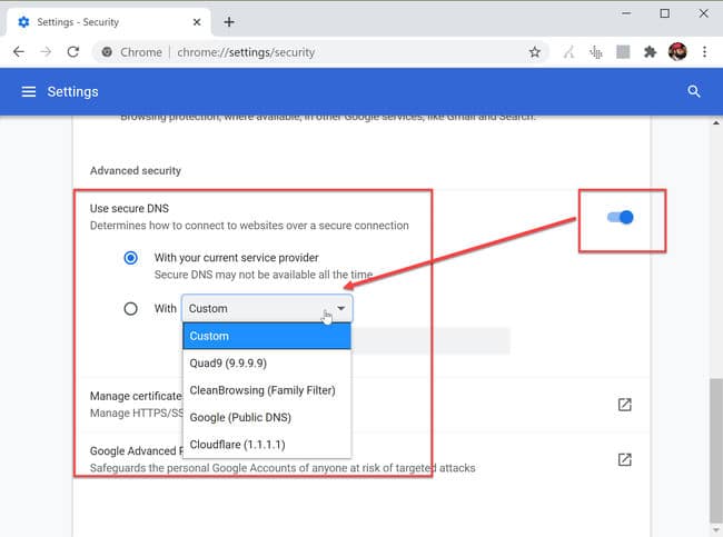 Téléchargez Google Chrome 83 : Nouveaux paramètres de confidentialité et de sécurité, groupes d'onglets, améliorations des cookies 12 Utiliser un DNS sécurisé Chrome