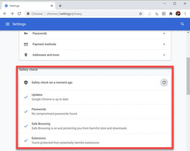 Téléchargez Google Chrome 83 : Nouveaux paramètres de confidentialité et de sécurité, groupes d'onglets, améliorations des cookies 9 Contrôle de sécurité scanné Chrome