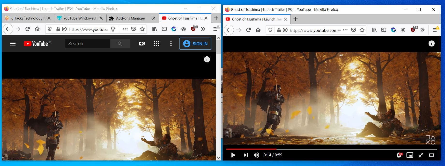 redimensionnement normal vs plein écran sur Youtube