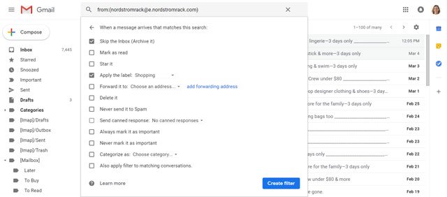 Gmail crée un filtre