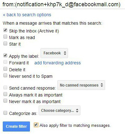 Options de filtre Gmail