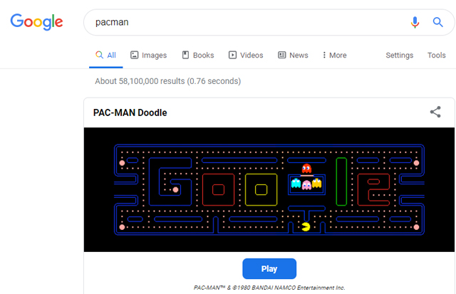 Le jeu Pacman dans la recherche Google