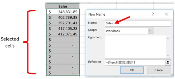 Définir un nom pour une série de cellules sélectionnées dans Microsoft Excel