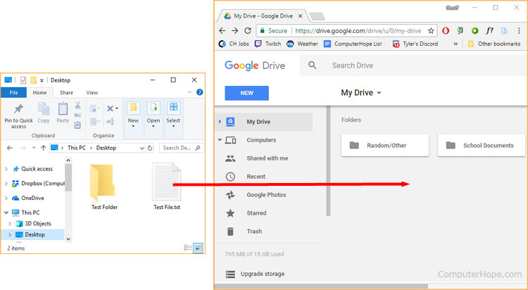 Un fichier est glissé et déposé dans Google Drive.