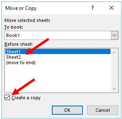 Options de déplacement ou de copie des feuilles de calcul Excel