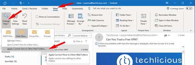 Outlook 2019 appliquer la vue à d'autres dossiers de courrier électronique