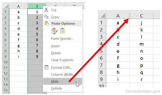 Cacher la colonne dans Microsoft Excel.