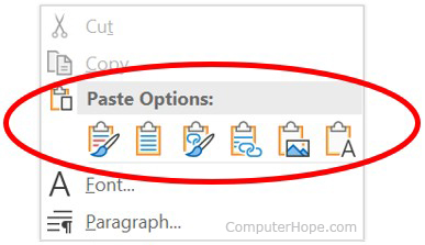 Options de collage dans le menu contextuel de Microsoft Word