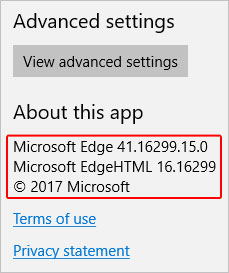 Paramètres indiquant la version actuelle de Microsoft Edge.