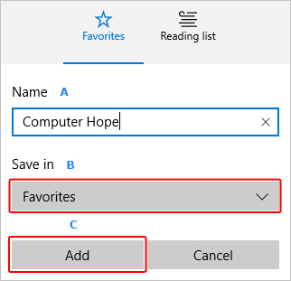 Les utilisateurs du menu peuvent nommer et enregistrer des signets dans Microsoft Edge.