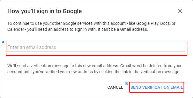 Écran dans lequel les utilisateurs envoient un message de vérification pour supprimer leur compte Gmail.