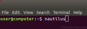 Lancement du gestionnaire de fichiers Nautilus depuis le terminal Ubuntu.
