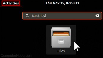 Lancement de Nautilus depuis la barre de recherche des activités Ubuntu.