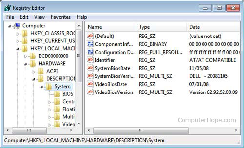 BIOS dans l'éditeur de registre Windows