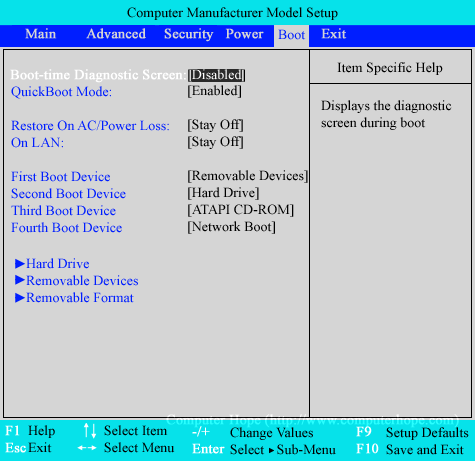 Écran de configuration du démarrage du BIOS Phoenix