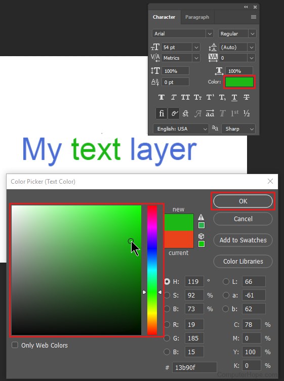 Ouvrez le panneau des caractères et cliquez sur la case Couleur : pour ouvrir le sélecteur de couleur. Choisissez une nouvelle couleur pour le texte en surbrillance, puis cliquez sur OK.