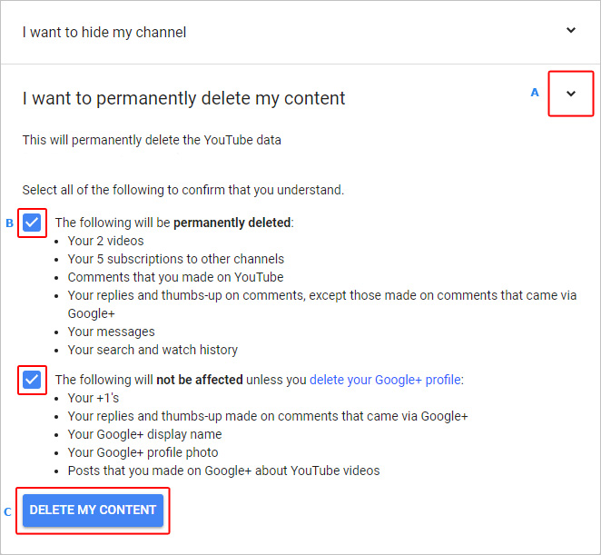 Menu dans lequel les utilisateurs peuvent supprimer leur contenu YouTube.