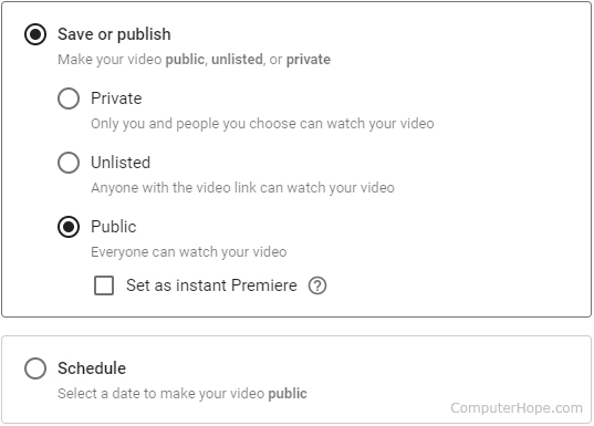 Paramètres de confidentialité pour le téléchargement d'une vidéo sur YouTube.