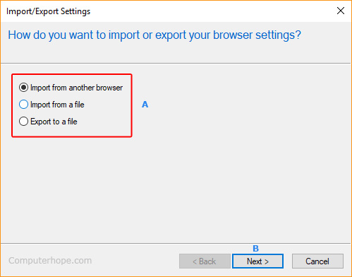 Sélecteurs d'importation et d'exportation dans Internet Explorer.