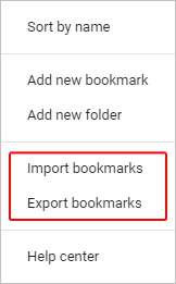 Menu qui permet aux utilisateurs d'importer ou d'exporter des signets.