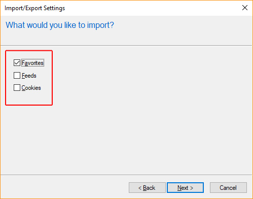 Menu permettant à l'utilisateur de sélectionner l'emplacement des signets importés.