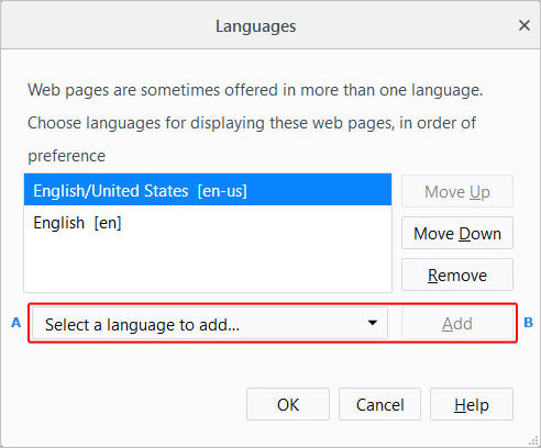 Menu qui permet de changer la langue dans Firefox.