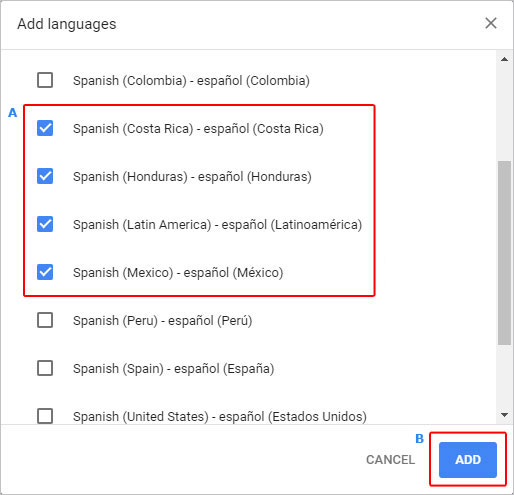 Menu dans lequel les utilisateurs peuvent ajouter de nouvelles langues à Chrome.