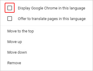 Case à cocher pour sélectionner une langue dans Chrome.
