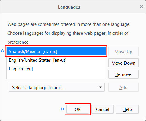 Menu qui permet à l'utilisateur de changer la langue dans Firefox.