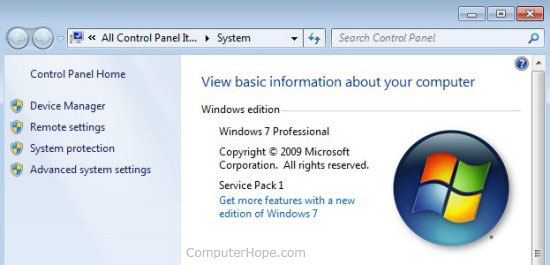 Propriétés du système Windows 7