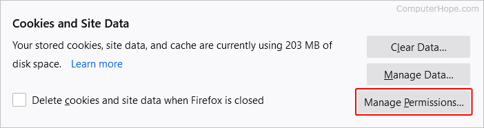 Bouton de gestion des autorisations dans Firefox
