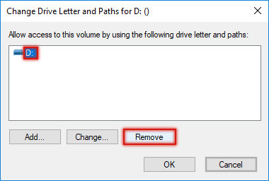 Sélectionnez la lettre de lecteur du volume à démonter, puis cliquez sur Supprimer.