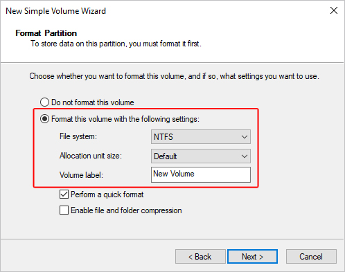 Format pour un nouveau volume sous Windows