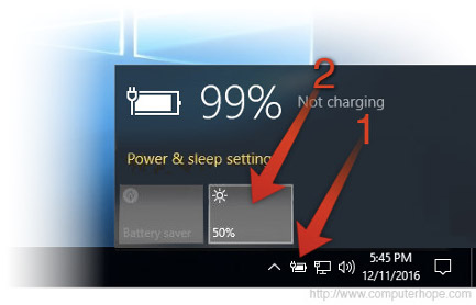 Ajustement de la luminosité de l'écran sous Windows 10 à l'aide de l'icône de la batterie de la barre des tâches