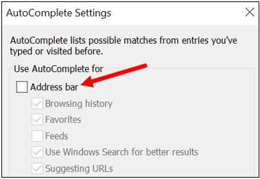 Options de suggestion d'URL dans Internet Explorer