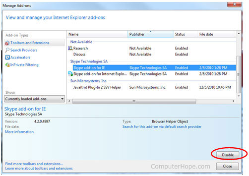 Fenêtre complémentaire d'Internet Explorer